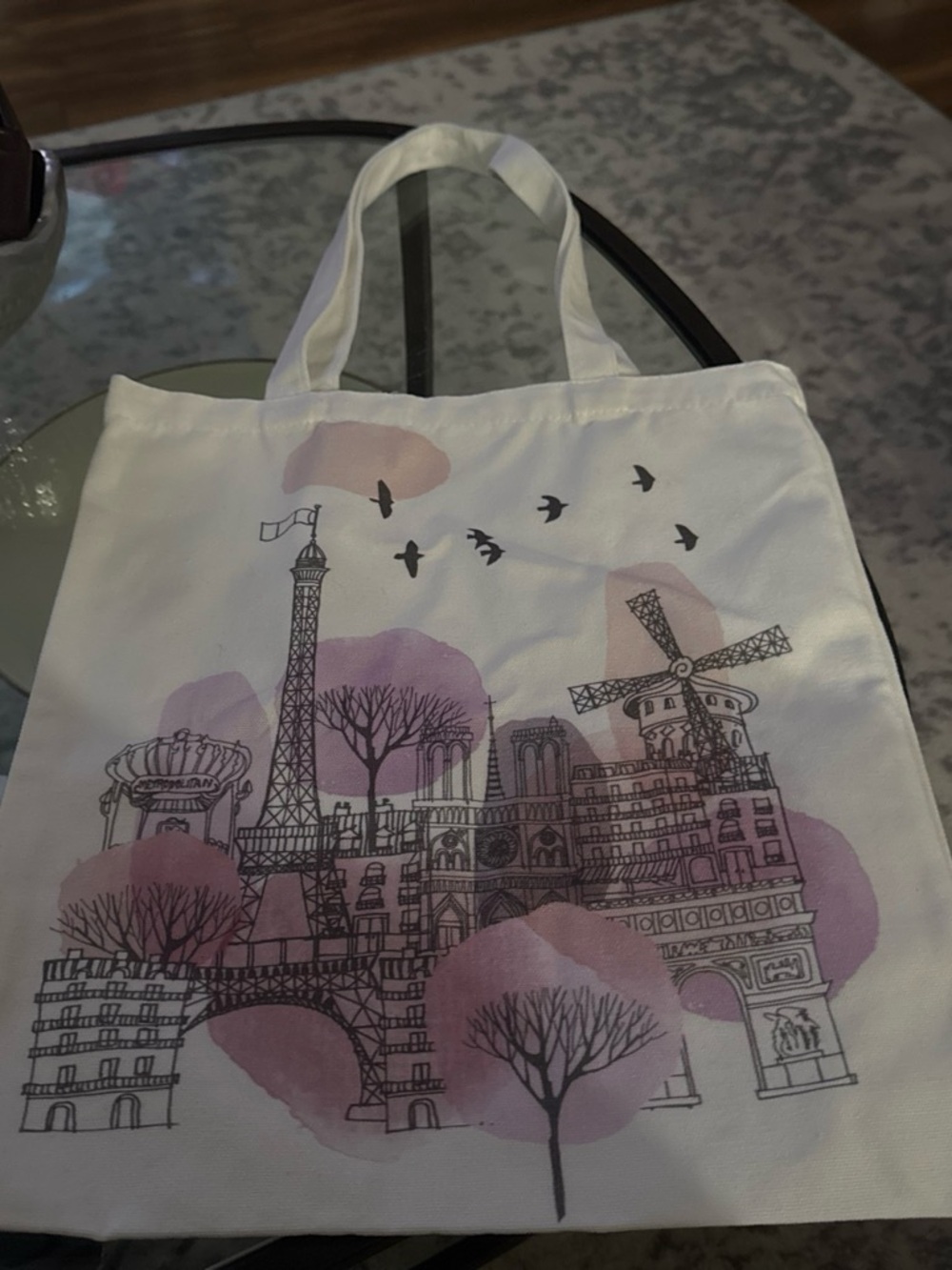 White Canvas Tote Bag with Pink Paris Illustration